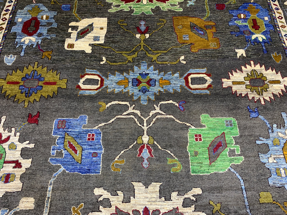 10' x 13' handgeknoopt Chobi Oushak wollen vloerkleed – Houtskool met veelkleurige bloem- en tribale motieven