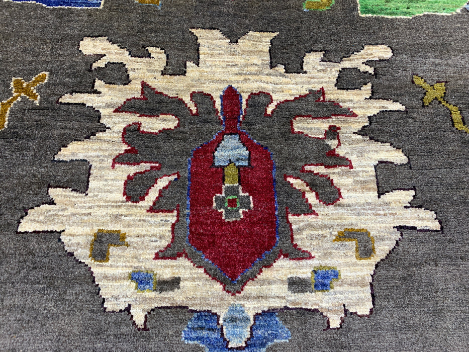 10' x 13' handgeknoopt Chobi Oushak wollen vloerkleed – Houtskool met veelkleurige bloem- en tribale motieven