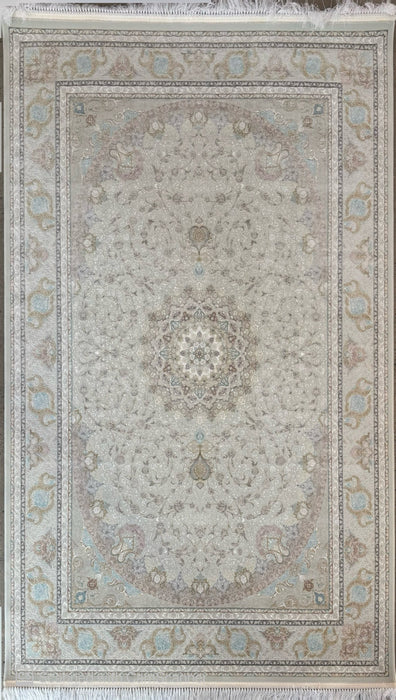 Premium 1500-riet Perzisch machinaal vervaardigd tapijt – Ivoor / Zachtblauw medaillon – 215 cm x 305 cm