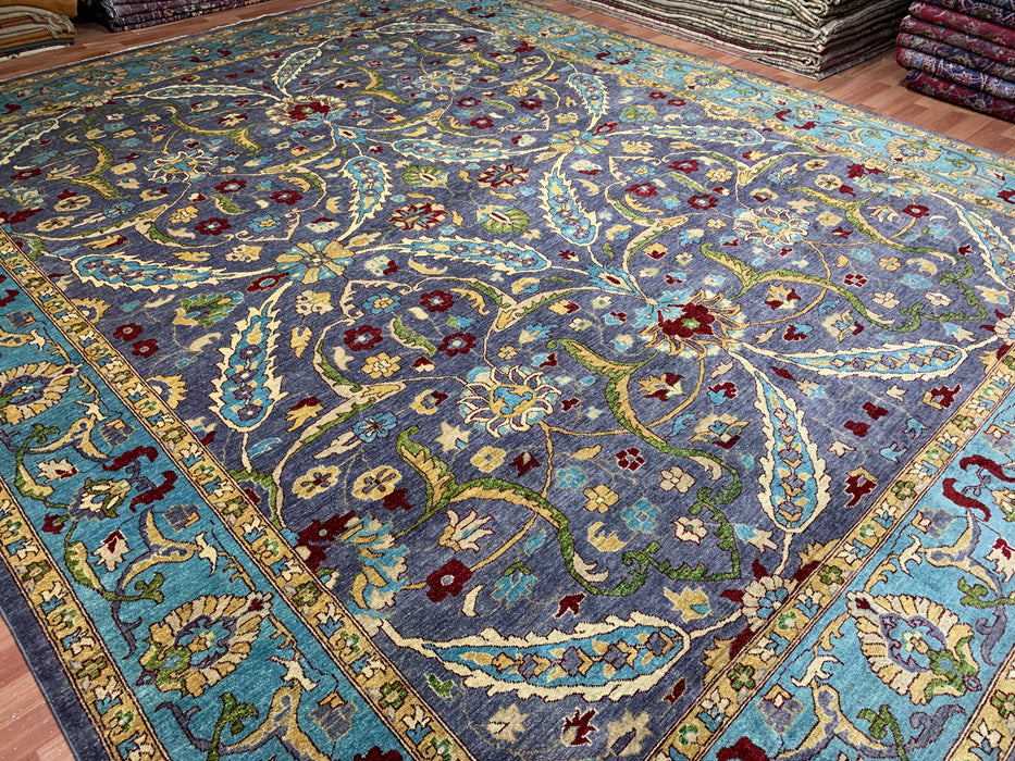 12'x15' Handgeknoopt Chobi wollen tapijt – Leiblauw & Aquamarijn rand