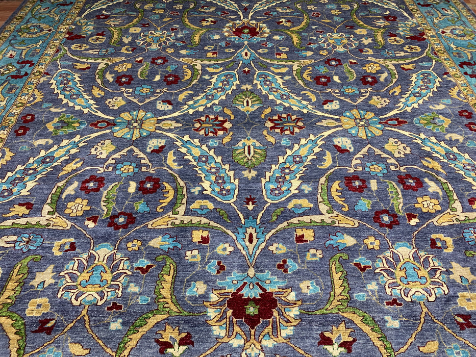 12'x15' Handgeknoopt Chobi wollen tapijt – Leiblauw & Aquamarijn rand