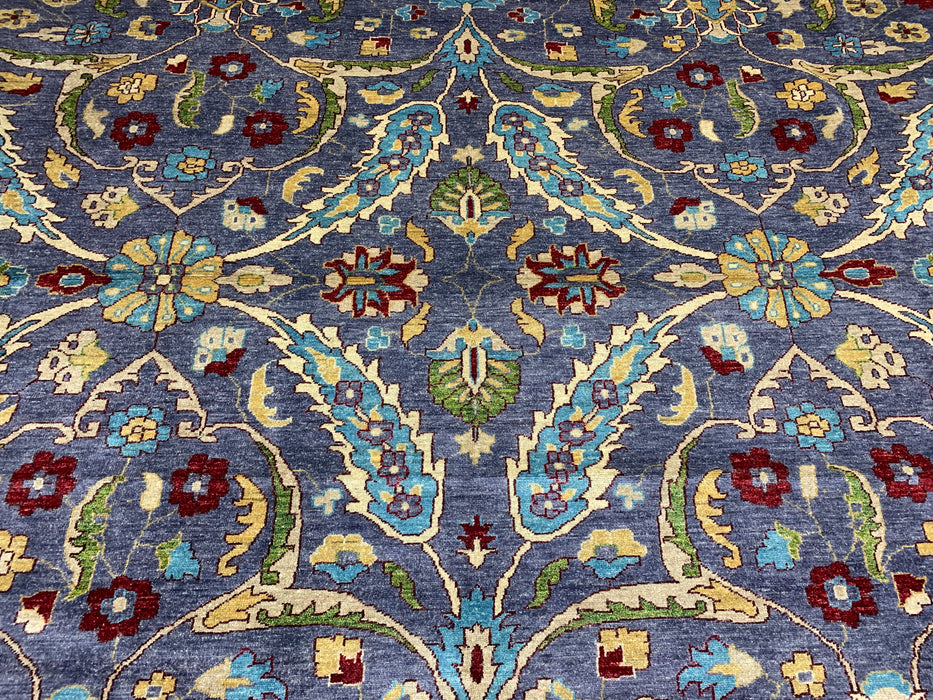12'x15' Handgeknoopt Chobi wollen tapijt – Leiblauw & Aquamarijn rand