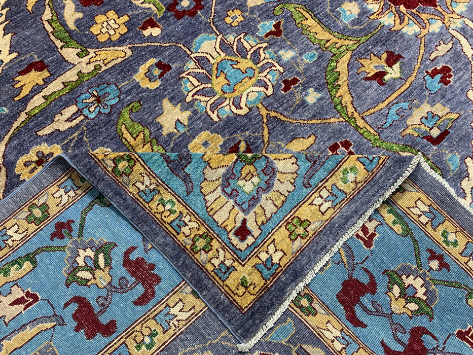 12'x15' Handgeknoopt Chobi wollen tapijt – Leiblauw & Aquamarijn rand