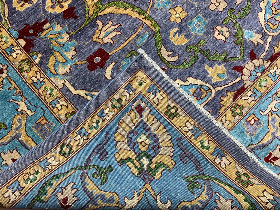 12'x15' Handgeknoopt Chobi wollen tapijt – Leiblauw & Aquamarijn rand
