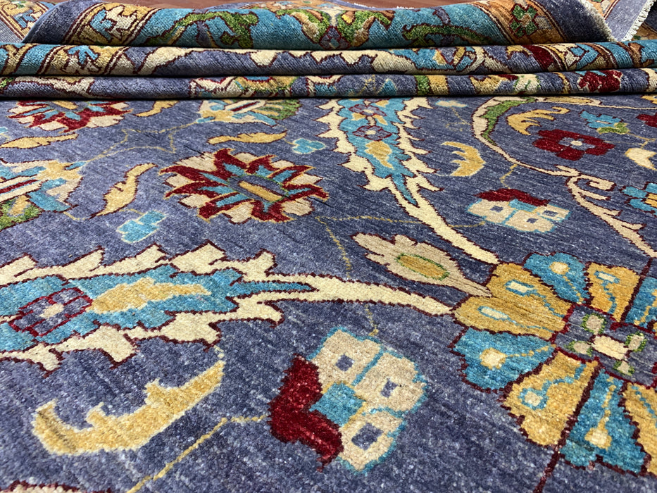 12'x15' Handgeknoopt Chobi wollen tapijt – Leiblauw & Aquamarijn rand