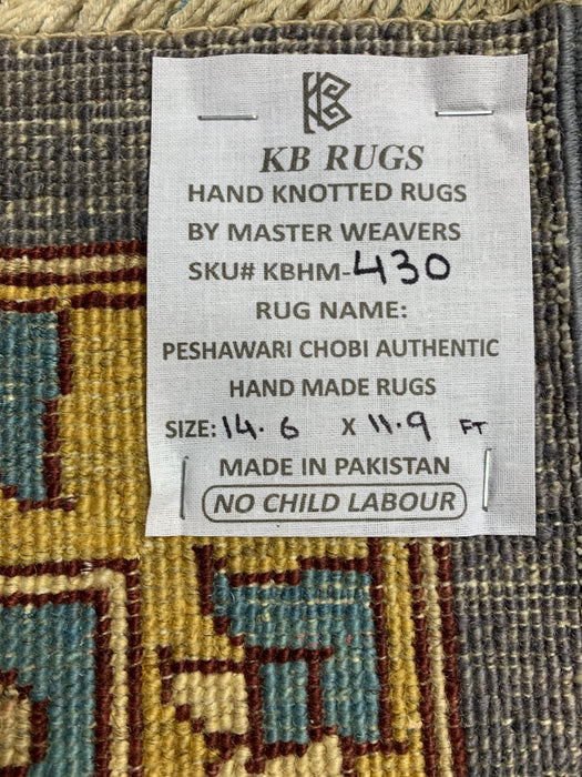 12'x15' Handgeknoopt Chobi wollen tapijt – Leiblauw & Aquamarijn rand