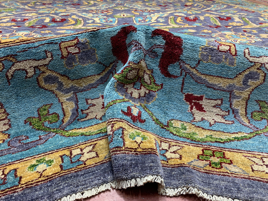 12'x15' Handgeknoopt Chobi wollen tapijt – Leiblauw & Aquamarijn rand