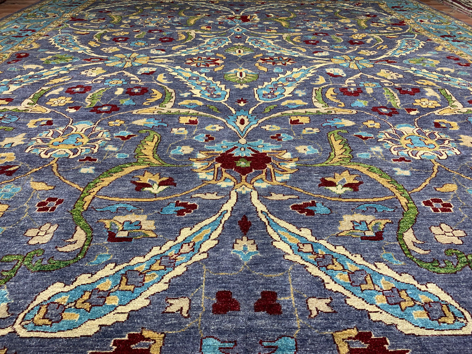 12'x15' Handgeknoopt Chobi wollen tapijt – Leiblauw & Aquamarijn rand