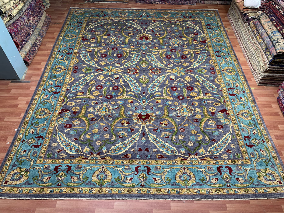 12'x15' Handgeknoopt Chobi wollen tapijt – Leiblauw & Aquamarijn rand