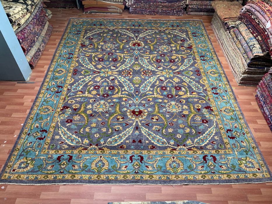 12'x15' Handgeknoopt Chobi wollen tapijt – Leiblauw & Aquamarijn rand