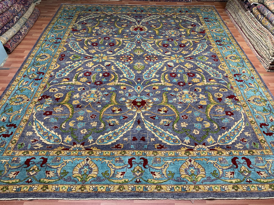 12'x15' Handgeknoopt Chobi wollen tapijt – Leiblauw & Aquamarijn rand