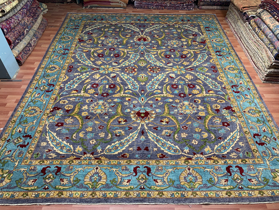 12'x15' Handgeknoopt Chobi wollen tapijt – Leiblauw & Aquamarijn rand