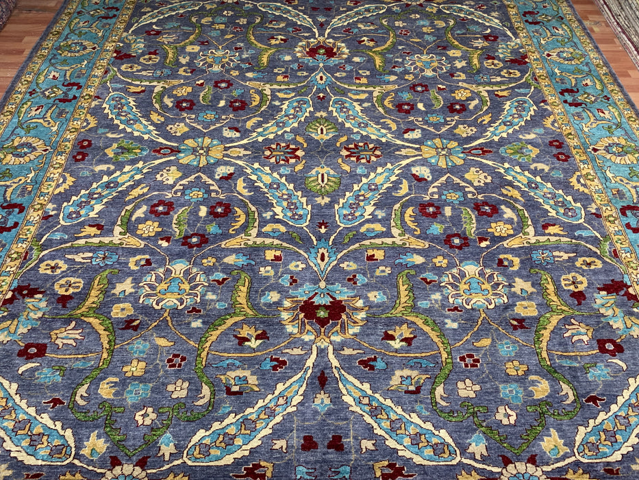 12'x15' Handgeknoopt Chobi wollen tapijt – Leiblauw & Aquamarijn rand