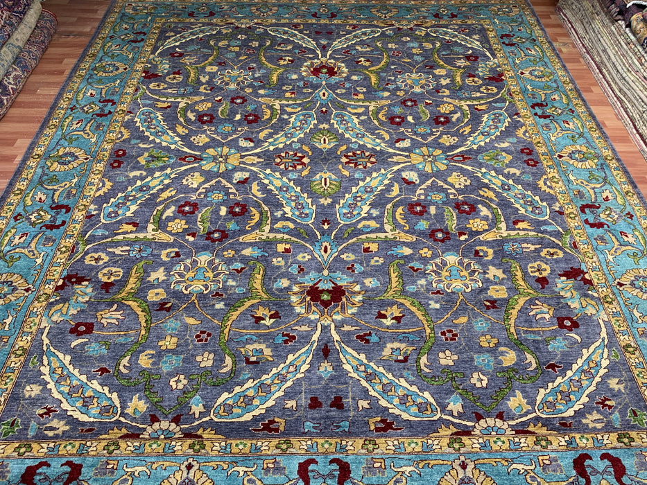 12'x15' Handgeknoopt Chobi wollen tapijt – Leiblauw & Aquamarijn rand