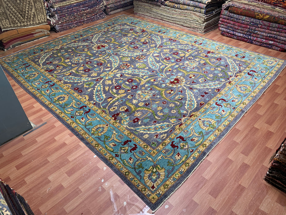 12'x15' Handgeknoopt Chobi wollen tapijt – Leiblauw & Aquamarijn rand