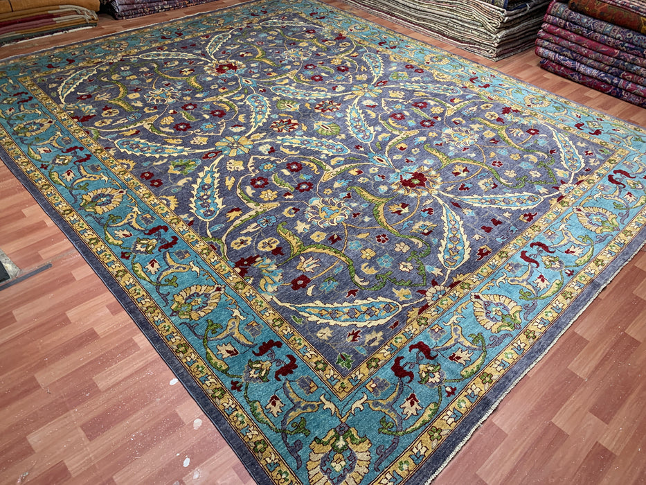 12'x15' Handgeknoopt Chobi wollen tapijt – Leiblauw & Aquamarijn rand