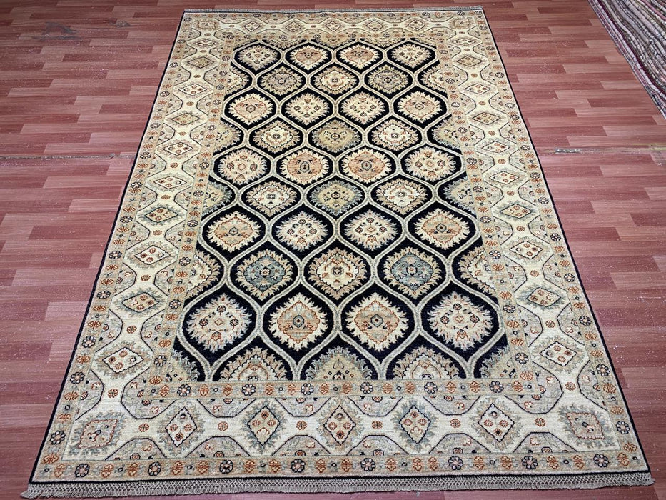 Handgeknoopt wollen vloerkleed 200 x 290 cm – Zwart veld met ivoorkleurige/beige rand