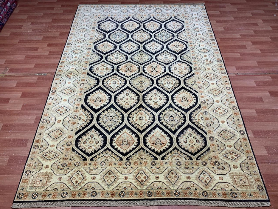 Handgeknoopt wollen vloerkleed 200 x 290 cm – Zwart veld met ivoorkleurige/beige rand