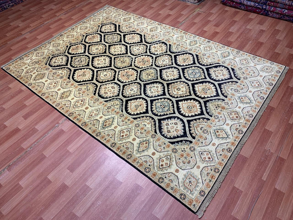 Handgeknoopt wollen vloerkleed 200 x 290 cm – Zwart veld met ivoorkleurige/beige rand