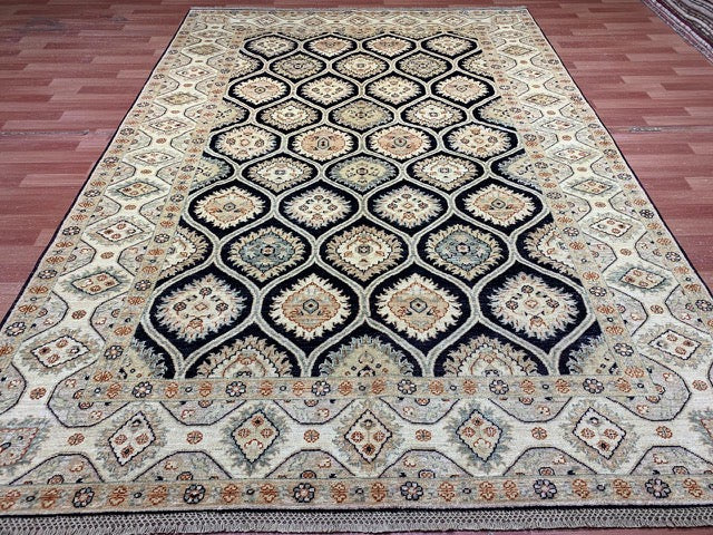 Handgeknoopt wollen vloerkleed 200 x 290 cm – Zwart veld met ivoorkleurige/beige rand