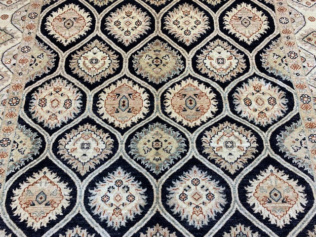 Handgeknoopt wollen vloerkleed 200 x 290 cm – Zwart veld met ivoorkleurige/beige rand