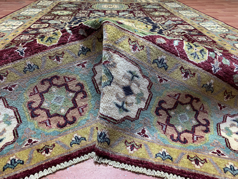 6’5 x 9’9 Hand-Knotted Mamluk Wool Rug – Red & Green Geometric Medallion