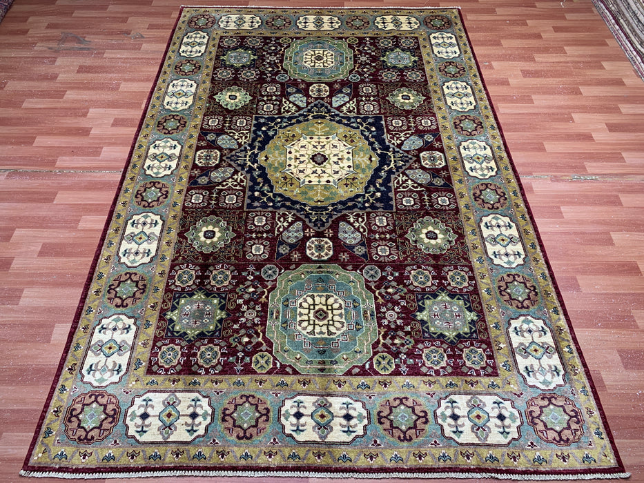 6’5 x 9’9 Hand-Knotted Mamluk Wool Rug – Red & Green Geometric Medallion