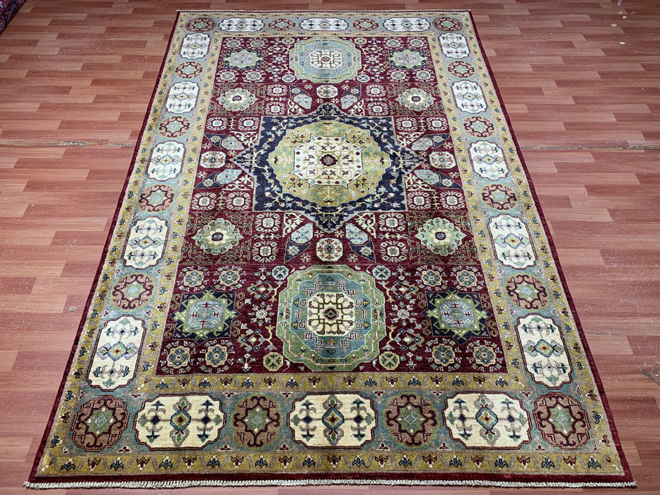 6’5 x 9’9 Hand-Knotted Mamluk Wool Rug – Red & Green Geometric Medallion