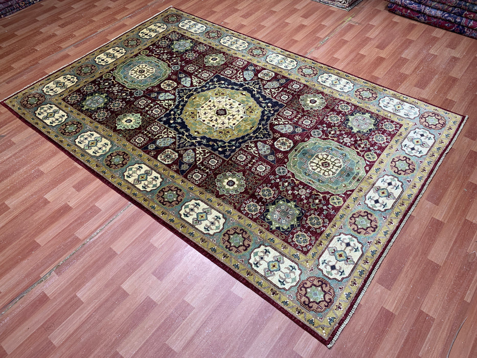 6’5 x 9’9 Hand-Knotted Mamluk Wool Rug – Red & Green Geometric Medallion