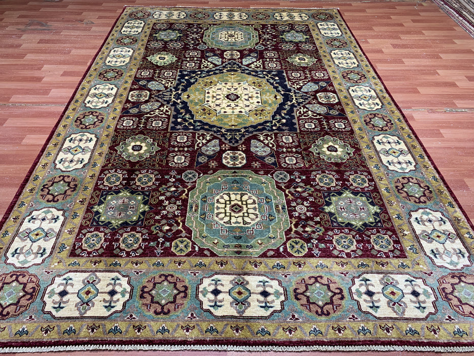 6’5 x 9’9 Hand-Knotted Mamluk Wool Rug – Red & Green Geometric Medallion