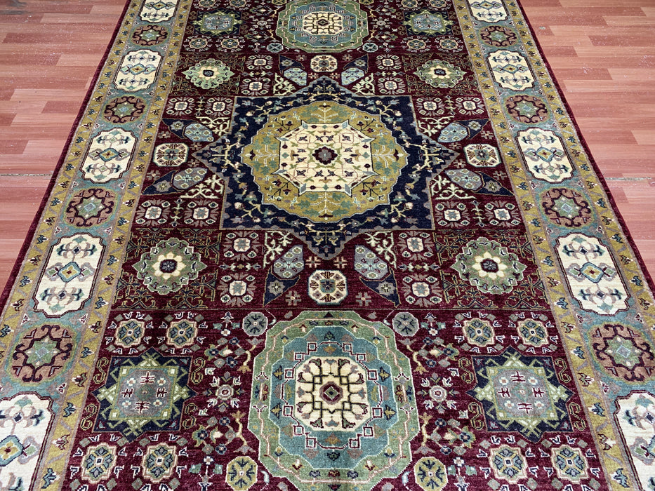 6’5 x 9’9 Hand-Knotted Mamluk Wool Rug – Red & Green Geometric Medallion