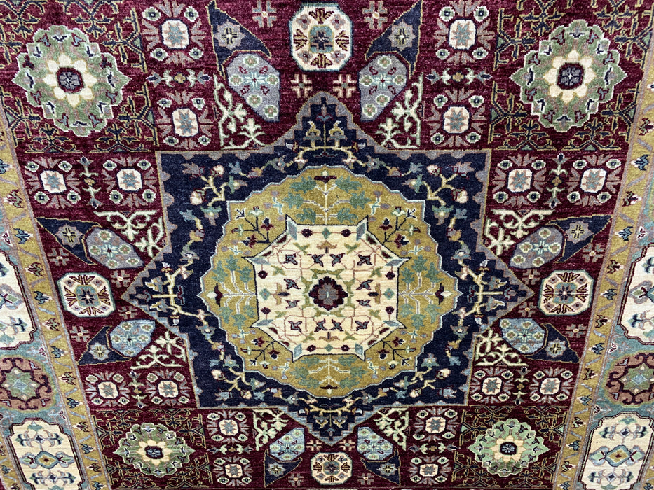 6’5 x 9’9 Hand-Knotted Mamluk Wool Rug – Red & Green Geometric Medallion
