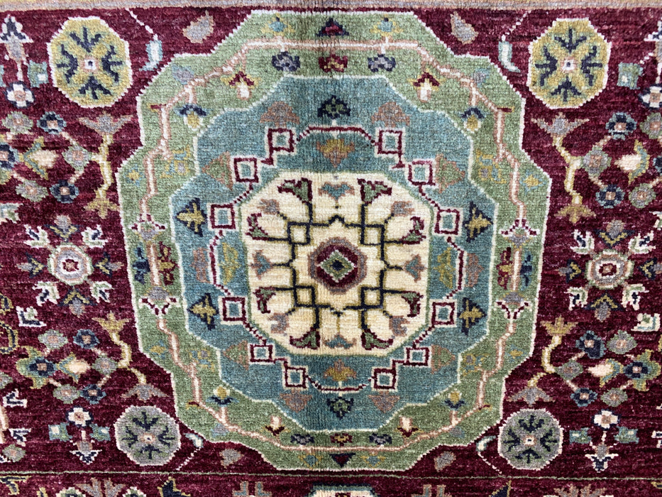 6’5 x 9’9 Hand-Knotted Mamluk Wool Rug – Red & Green Geometric Medallion