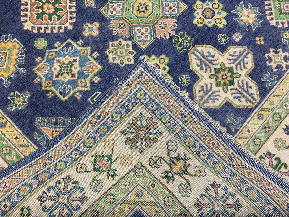 6’6 x 9’10’ Hand-Knotted Kazak Wool Rug – Navy Field & Ivory Border