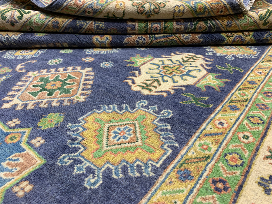 6’6 x 9’10’ Hand-Knotted Kazak Wool Rug – Navy Field & Ivory Border