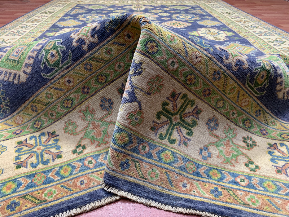 6’6 x 9’10’ Hand-Knotted Kazak Wool Rug – Navy Field & Ivory Border