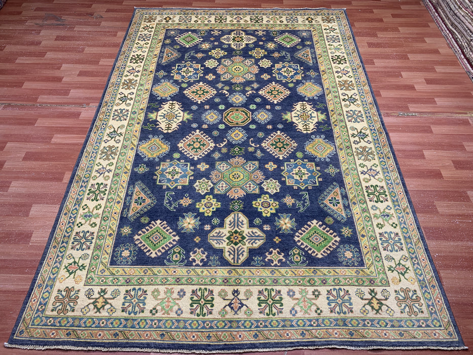 6’6 x 9’10’ Hand-Knotted Kazak Wool Rug – Navy Field & Ivory Border