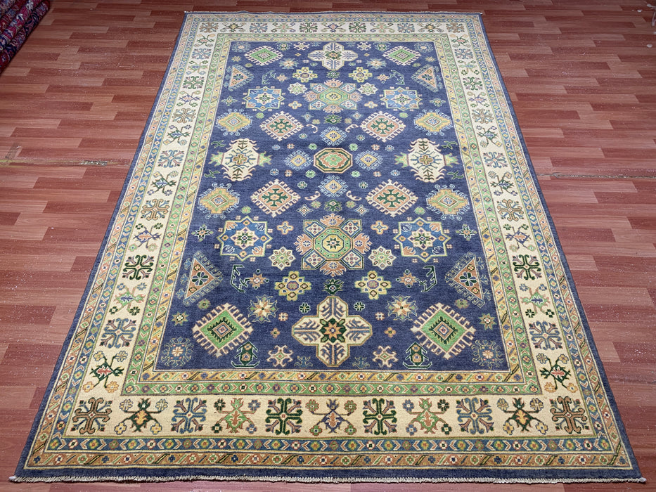6’6 x 9’10’ Hand-Knotted Kazak Wool Rug – Navy Field & Ivory Border