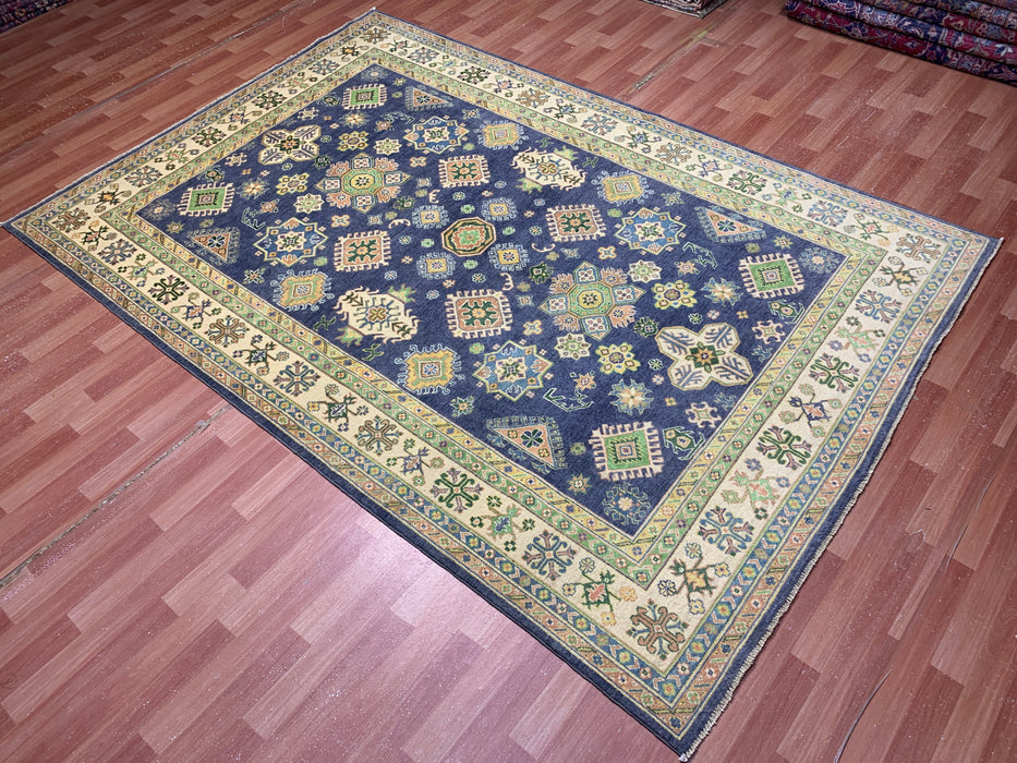 6’6 x 9’10’ Hand-Knotted Kazak Wool Rug – Navy Field & Ivory Border