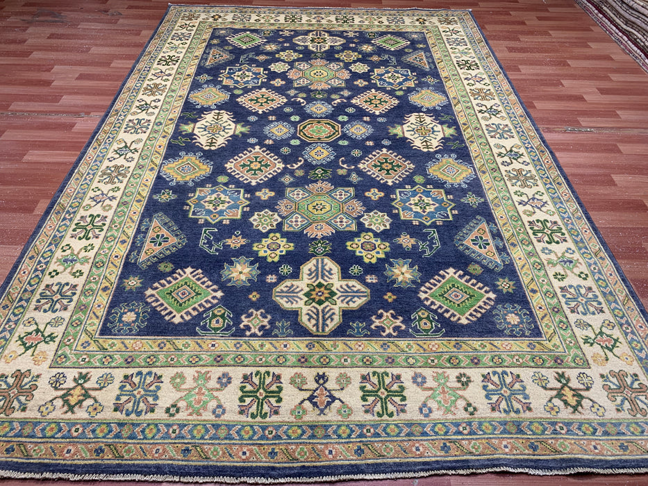 6’6 x 9’10’ Hand-Knotted Kazak Wool Rug – Navy Field & Ivory Border