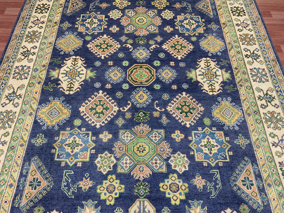 6’6 x 9’10’ Hand-Knotted Kazak Wool Rug – Navy Field & Ivory Border