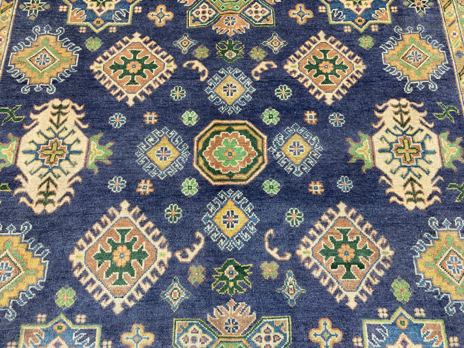 6’6 x 9’10’ Hand-Knotted Kazak Wool Rug – Navy Field & Ivory Border