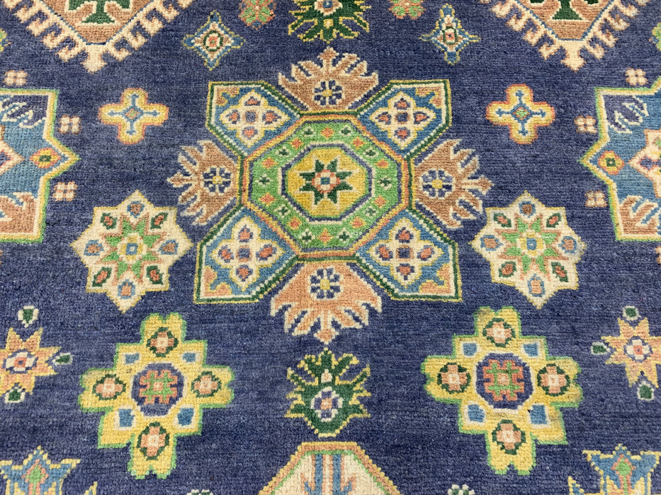 6’6 x 9’10’ Hand-Knotted Kazak Wool Rug – Navy Field & Ivory Border