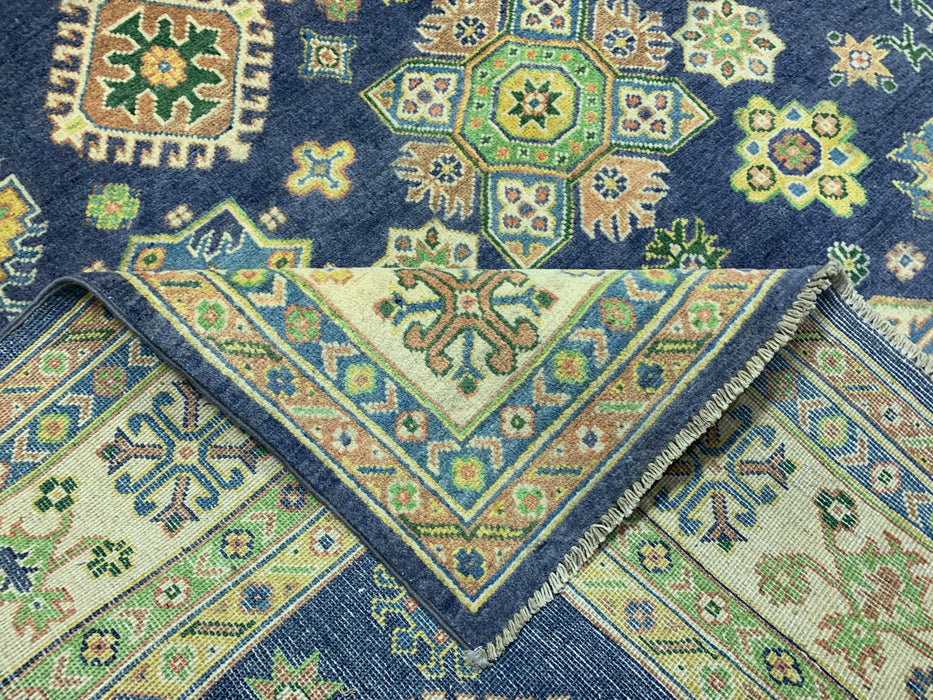 6’6 x 9’10’ Hand-Knotted Kazak Wool Rug – Navy Field & Ivory Border