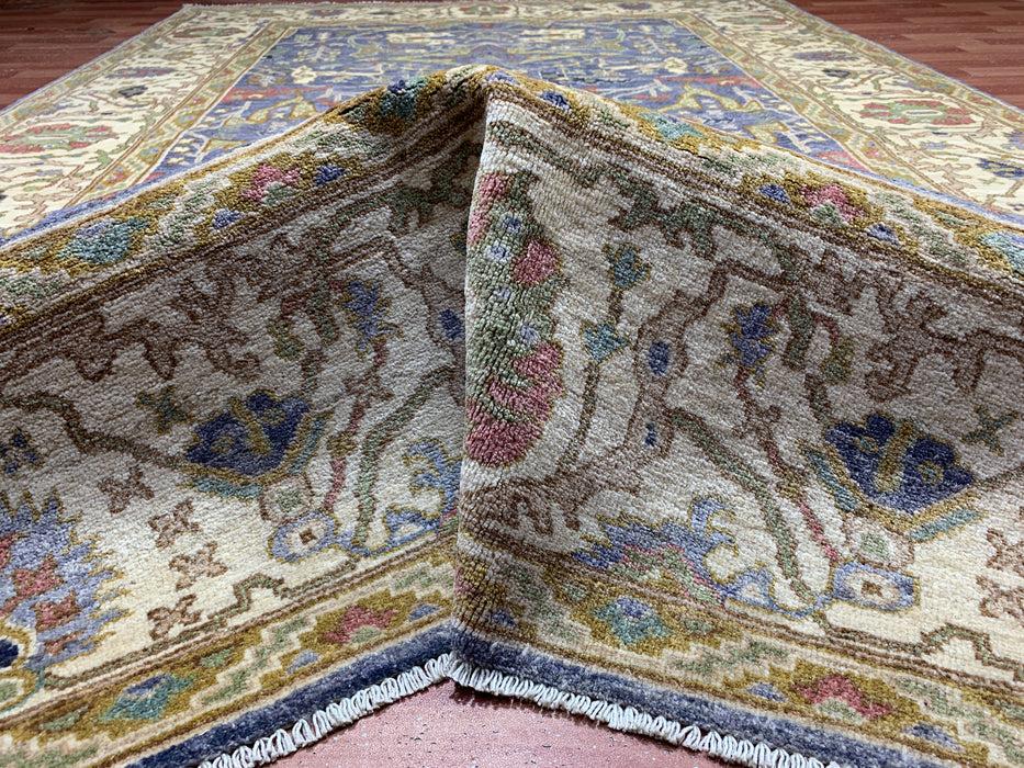 6’5 x 9’8 Hand-Knotted Chobi Wool Rug – Blue Field & Ivory Border