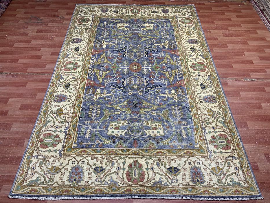 6’5 x 9’8 Hand-Knotted Chobi Wool Rug – Blue Field & Ivory Border