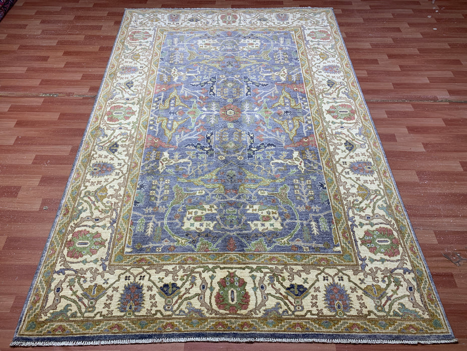 6’5 x 9’8 Hand-Knotted Chobi Wool Rug – Blue Field & Ivory Border