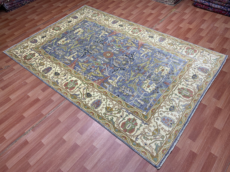 6’5 x 9’8 Hand-Knotted Chobi Wool Rug – Blue Field & Ivory Border