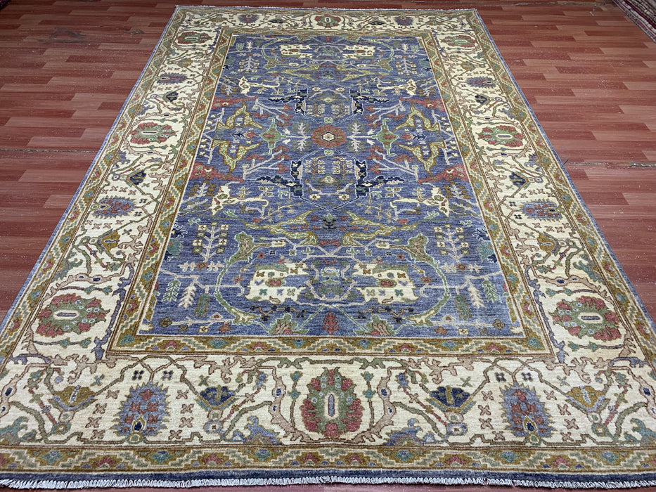 6’5 x 9’8 Hand-Knotted Chobi Wool Rug – Blue Field & Ivory Border