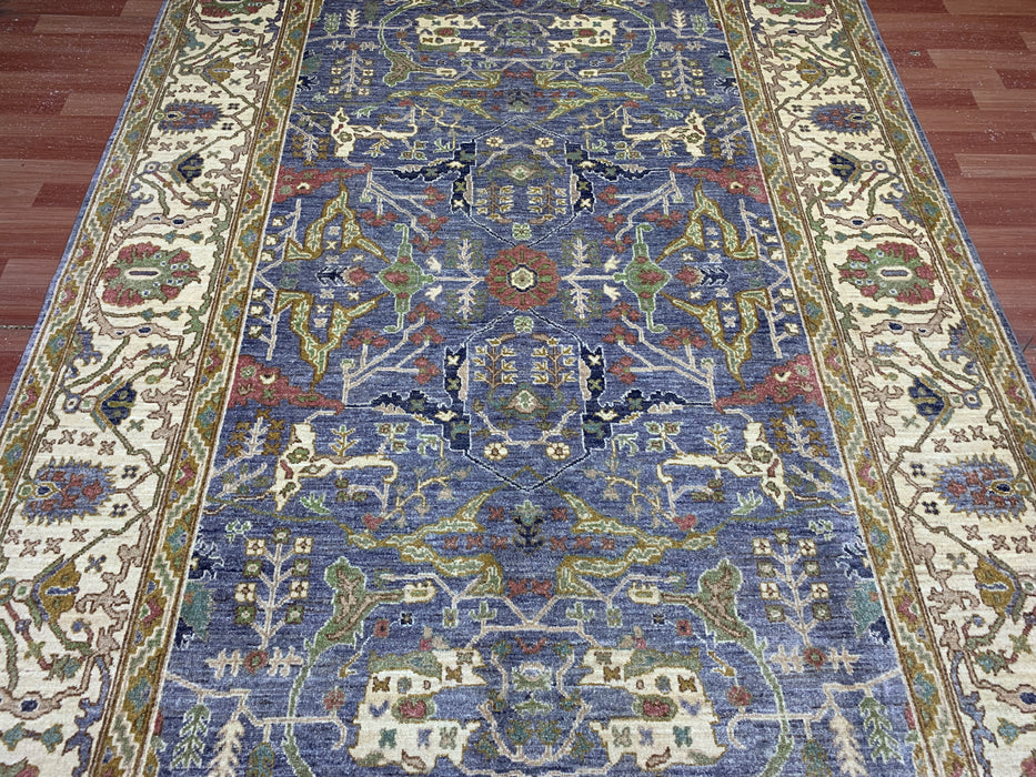 6’5 x 9’8 Hand-Knotted Chobi Wool Rug – Blue Field & Ivory Border